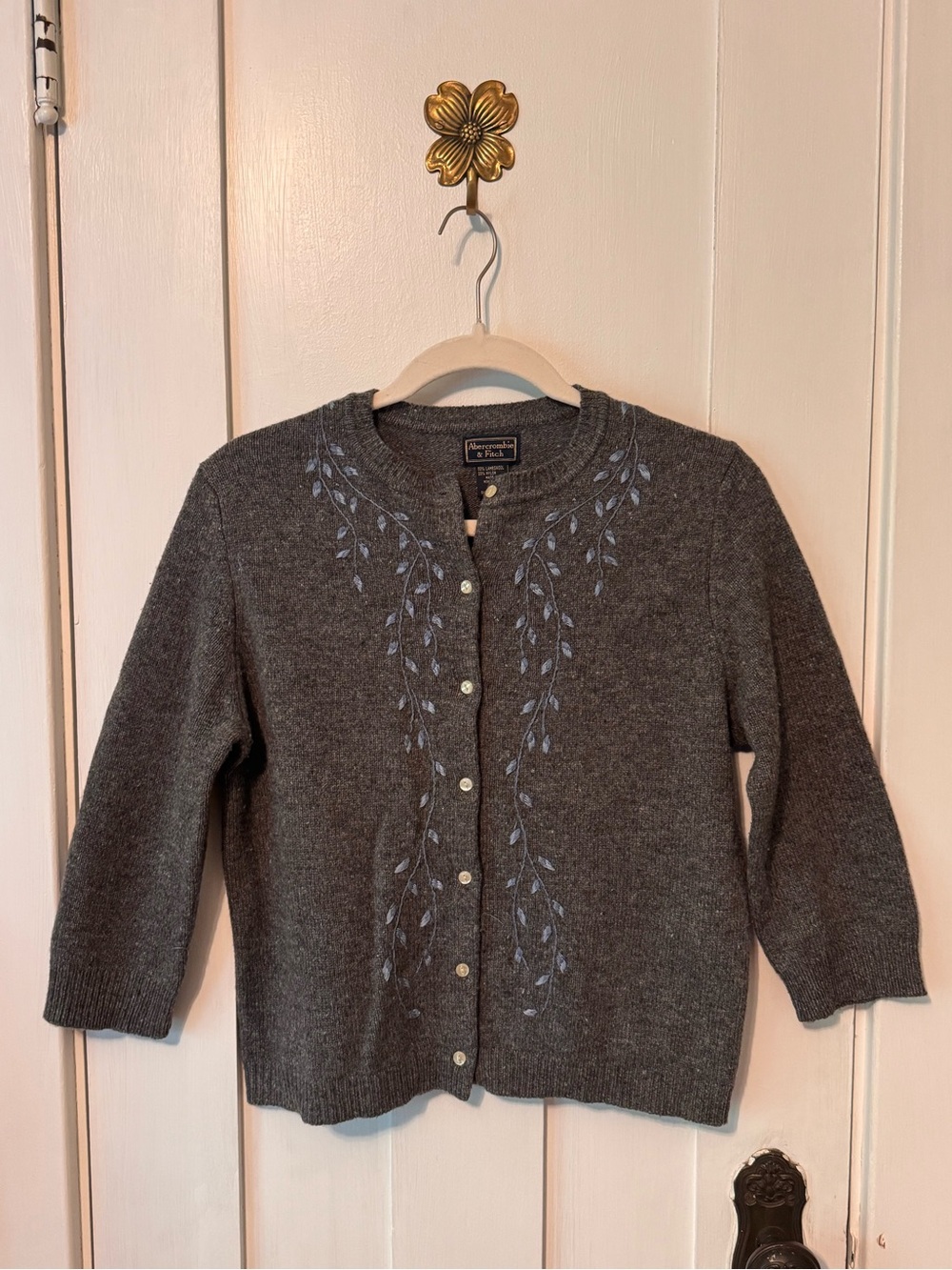 Y2K Abercrombie & Fitch Gray Embroidered Wool-Blend Cardigan Sweater
